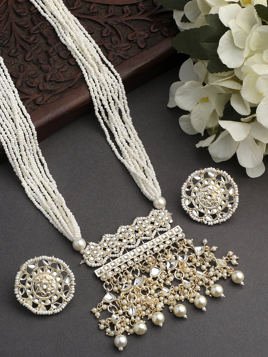 Gold-Plated Kundan Pearl Necklace Setwith Drop Earring
