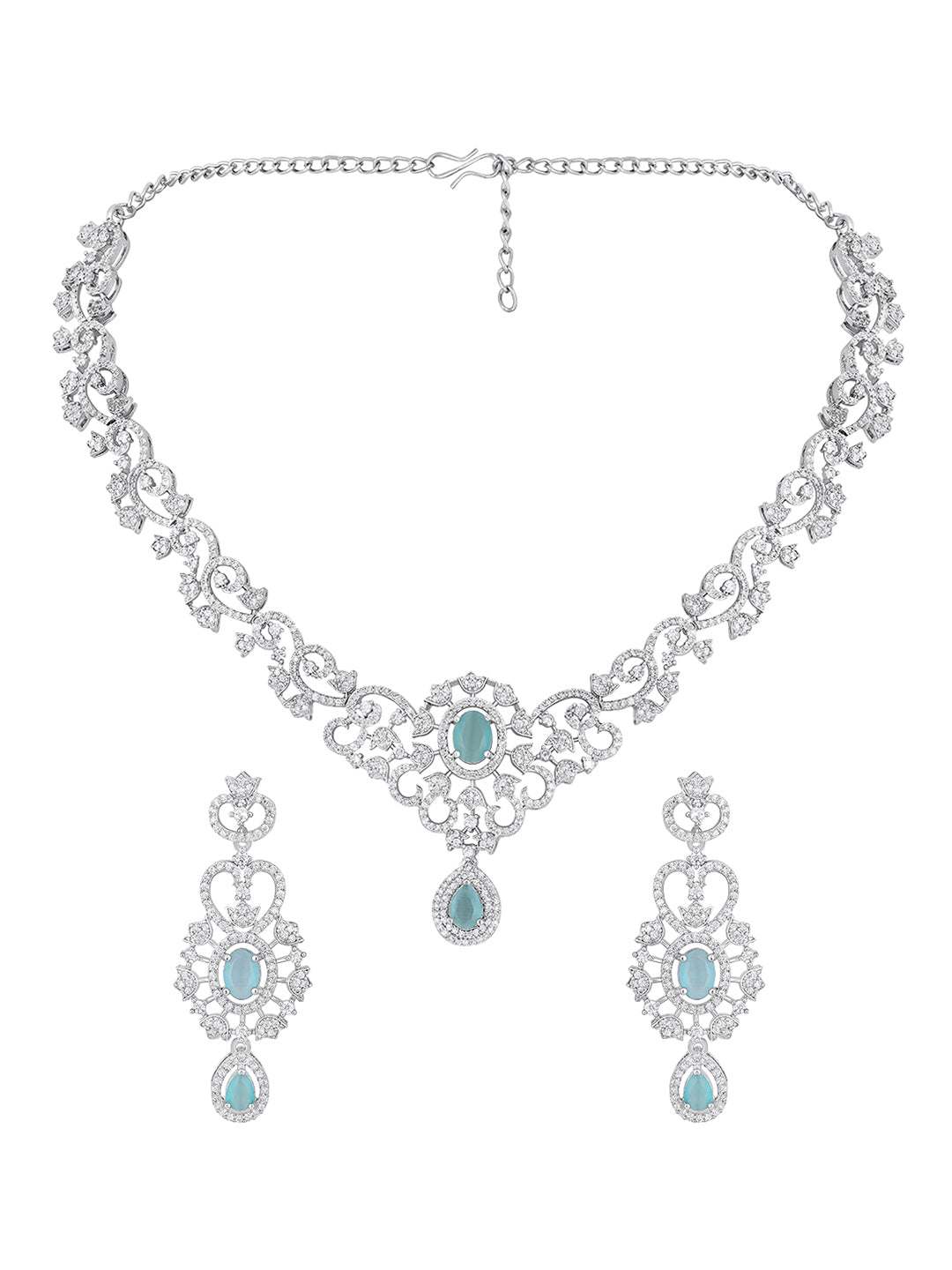 Firozi Elegance: Rhodium-Plated Necklace & Earring Set