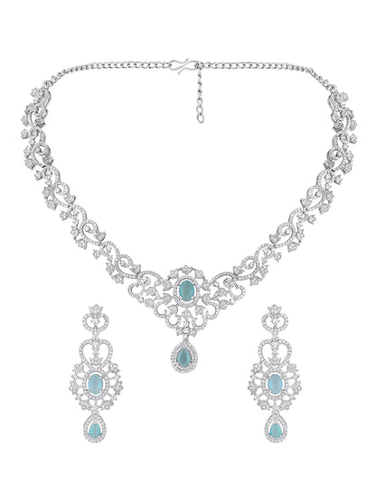 Firozi Elegance: Rhodium-Plated Necklace & Earring Set