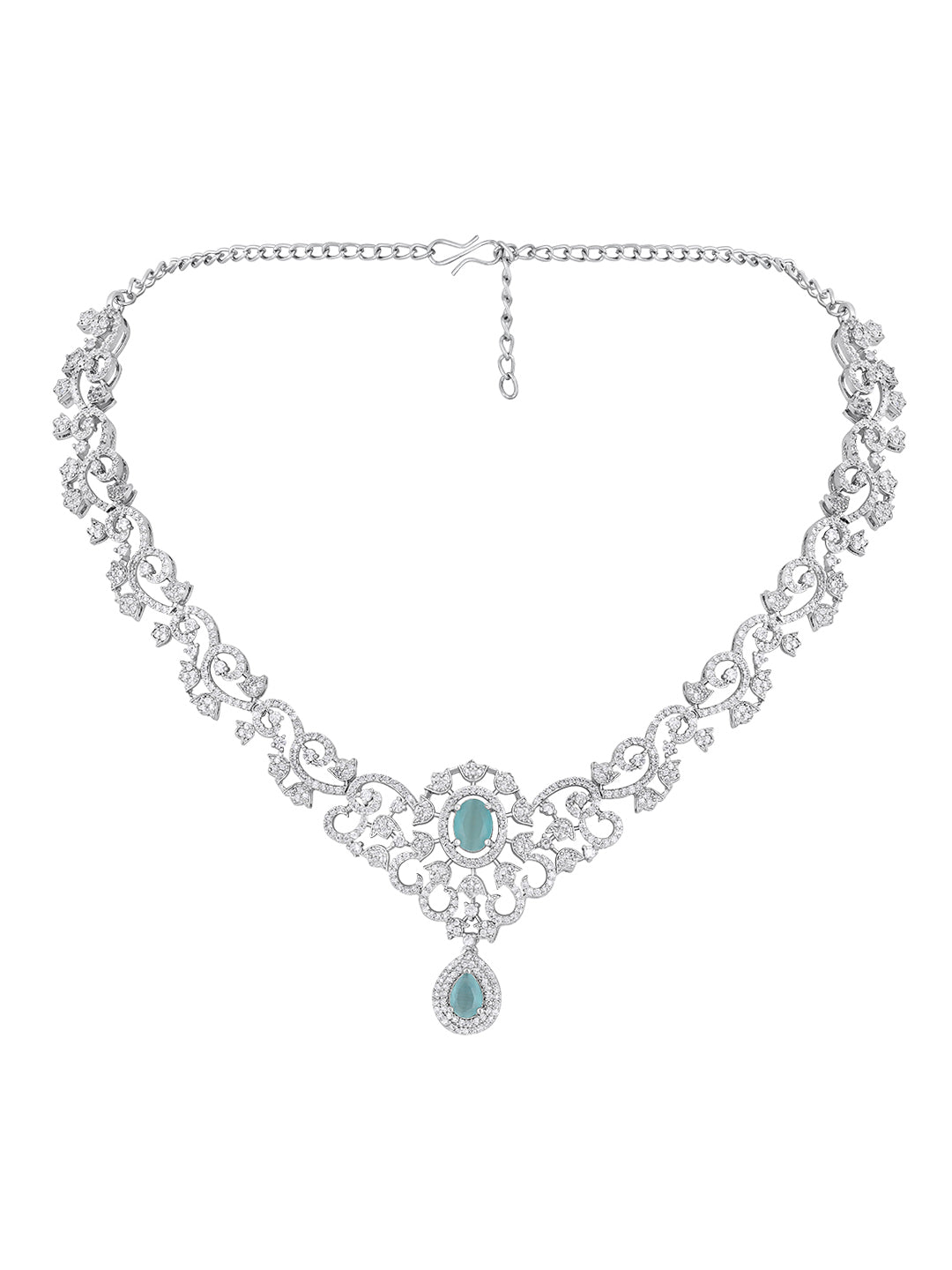 Firozi Elegance: Rhodium-Plated Necklace & Earring Set