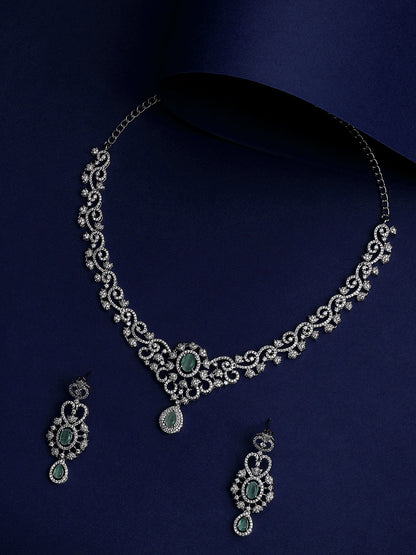 Firozi Elegance: Rhodium-Plated Necklace & Earring Set