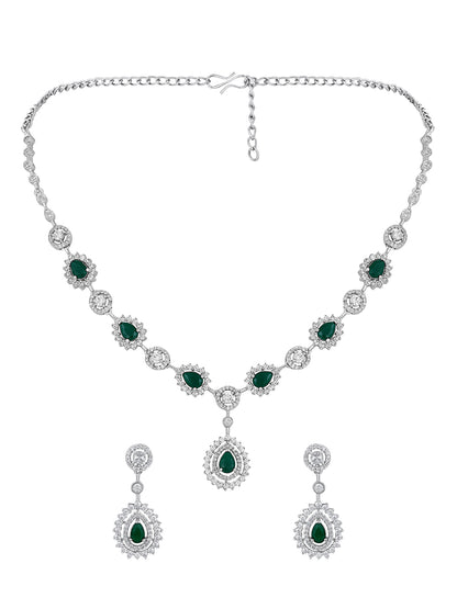 Emerald Elegance: Rhodium-Plated White & Green CZ Jewellery Set