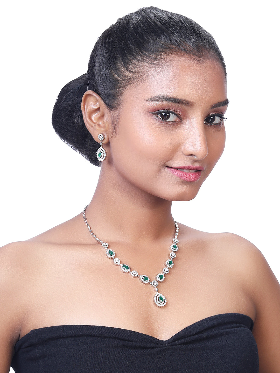 Emerald Elegance: Rhodium-Plated White & Green CZ Jewellery Set