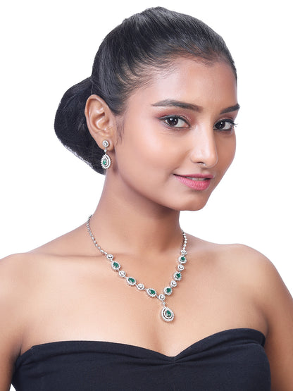 Emerald Elegance: Rhodium-Plated White & Green CZ Jewellery Set