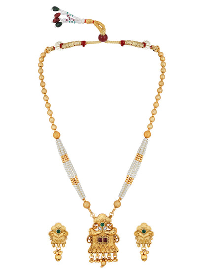 Gold-Plated Multicolor Pearl Drop Earring With Necklace Set