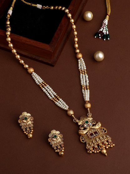 Gold-Plated Multicolor Pearl Drop Earring With Necklace Set