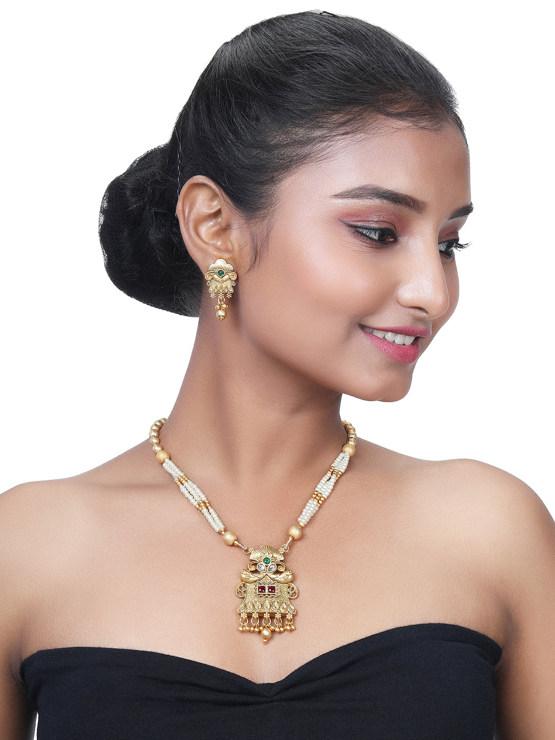 Gold-Plated Multicolor Pearl Drop Earring With Necklace Set