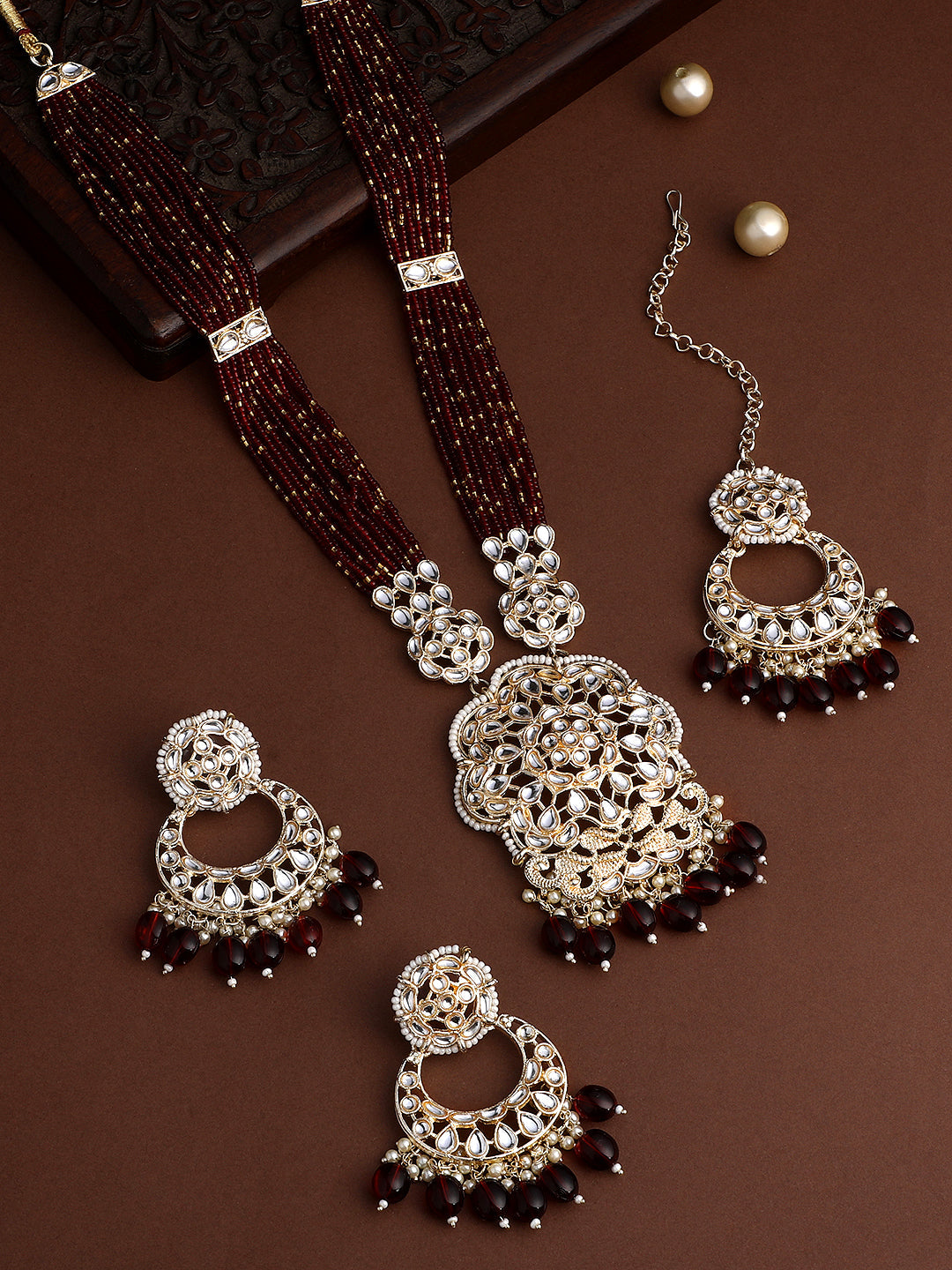 Gold-Plated Pearl Necklace Set With Dangle Earrings