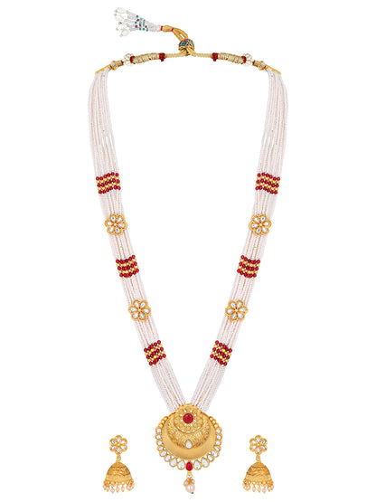 Gilded Elegance: Long Pearl Beaded Ethnic Jewellery Set