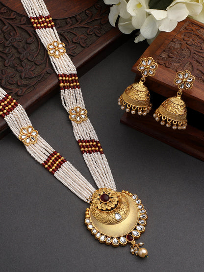 Gilded Elegance: Long Pearl Beaded Ethnic Jewellery Set