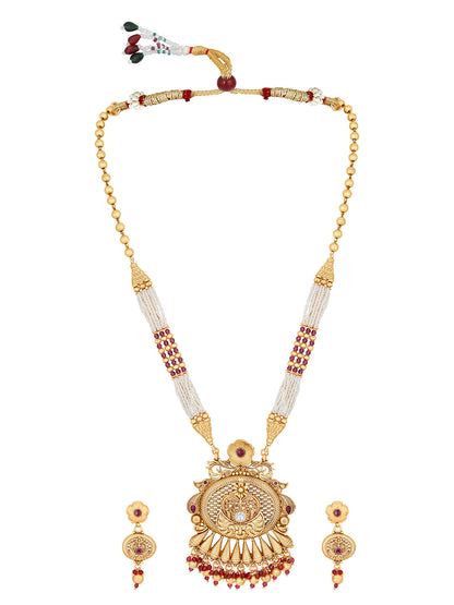 Gold-Plated Pearl Necklace Set With Dangle Earrings