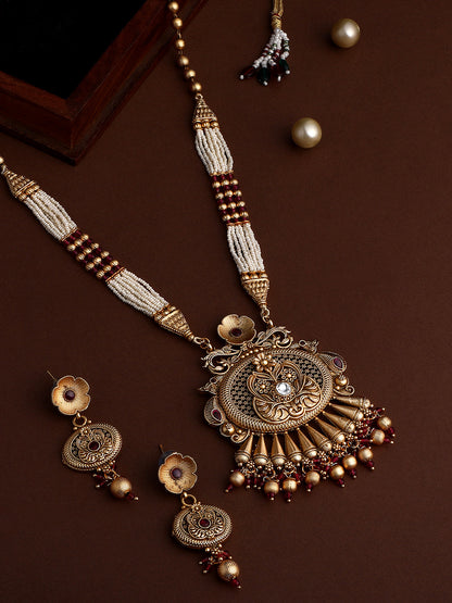 Gold-Plated Pearl Necklace Set With Dangle Earrings