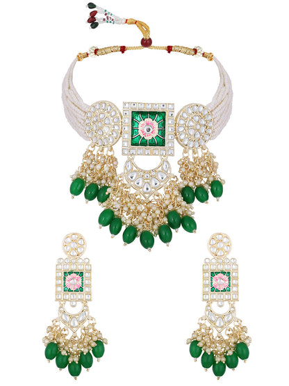 Gold-Plated Pearl Necklace Set With Dangle Earrings