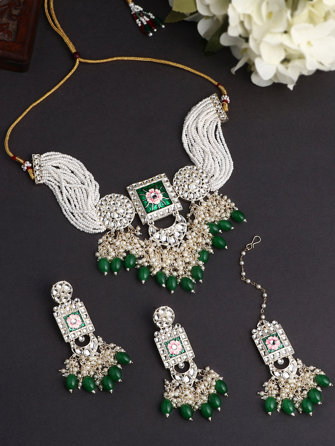 Gold-Plated Pearl Necklace Set With Dangle Earrings