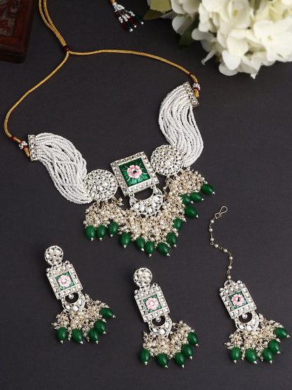 Gold-Plated Pearl Necklace Set With Dangle Earrings