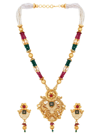 Gold-Plated Multicolor Pearl Dangle Earrings With Necklace Set