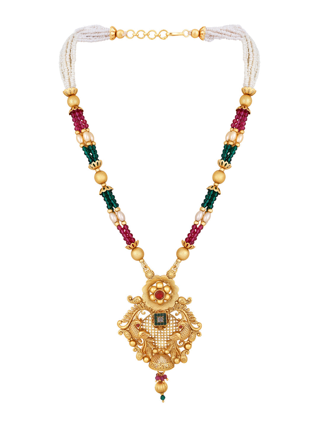 Gold-Plated Multicolor Pearl Dangle Earrings With Necklace Set