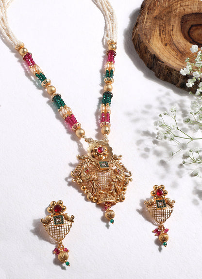 Gold-Plated Multicolor Pearl Dangle Earrings With Necklace Set