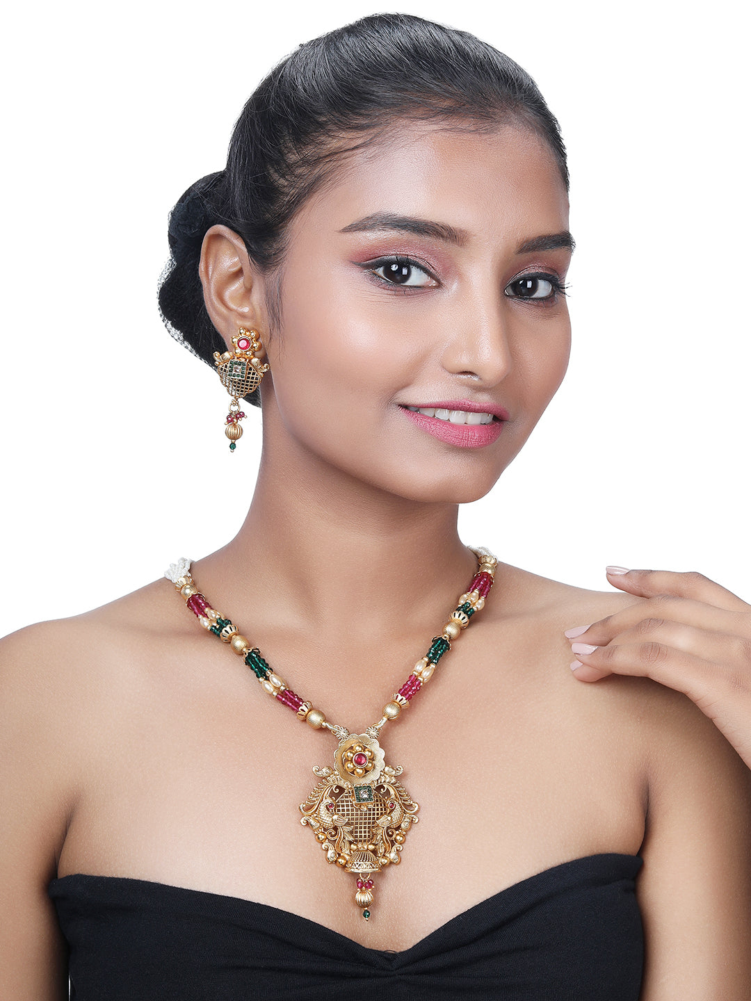 Gold-Plated Multicolor Pearl Dangle Earrings With Necklace Set