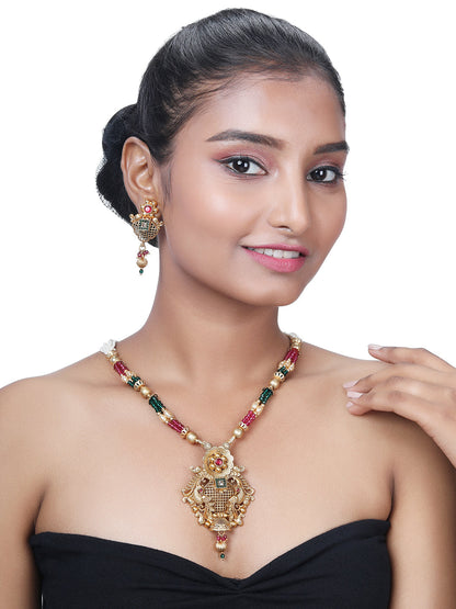 Gold-Plated Multicolor Pearl Dangle Earrings With Necklace Set