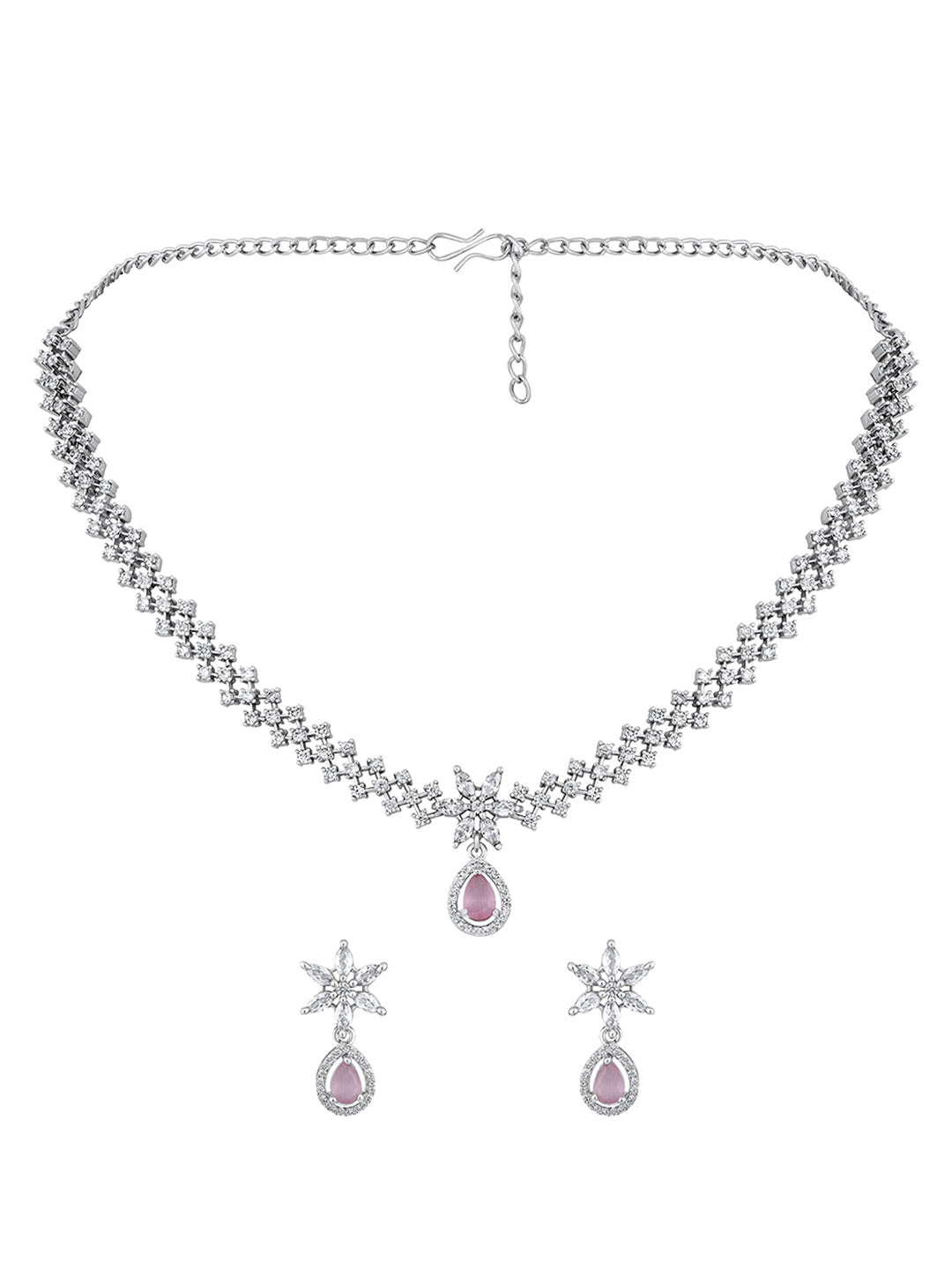 Pink & White Radiance: Rhodium-Plated Choker & Earring Set