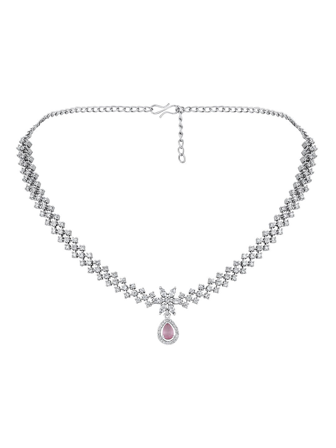 Pink & White Radiance: Rhodium-Plated Choker & Earring Set