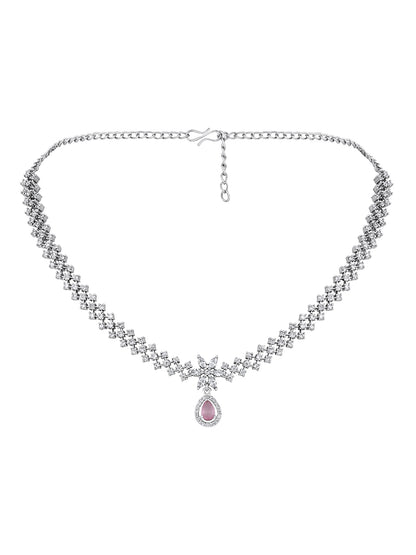 Pink & White Radiance: Rhodium-Plated Choker & Earring Set