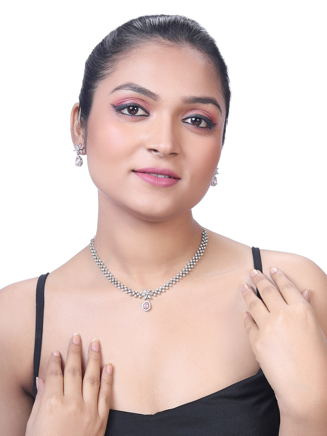 Pink & White Radiance: Rhodium-Plated Choker & Earring Set