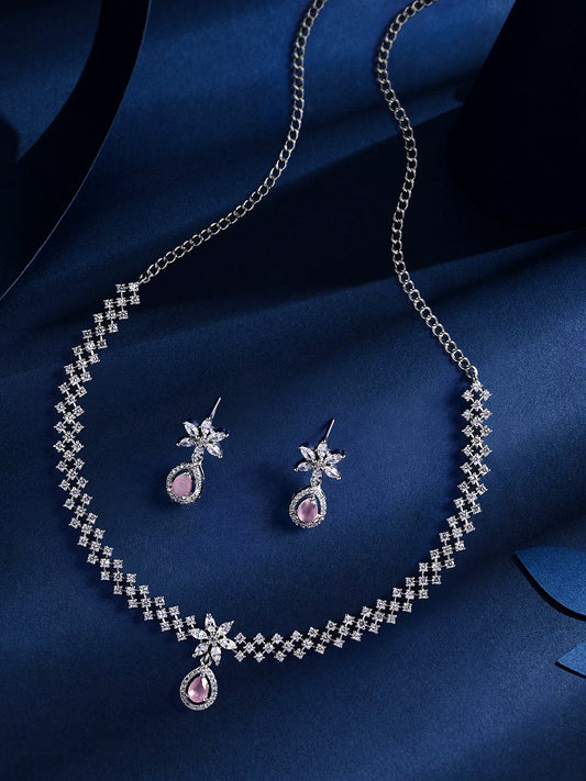 Pink & White Radiance: Rhodium-Plated Choker & Earring Set