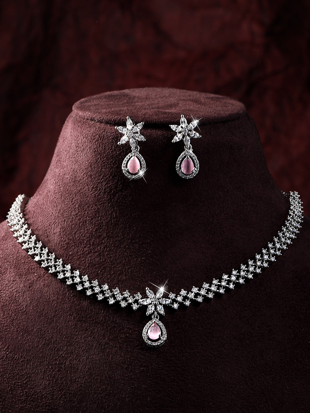 Pink & White Radiance: Rhodium-Plated Choker & Earring Set