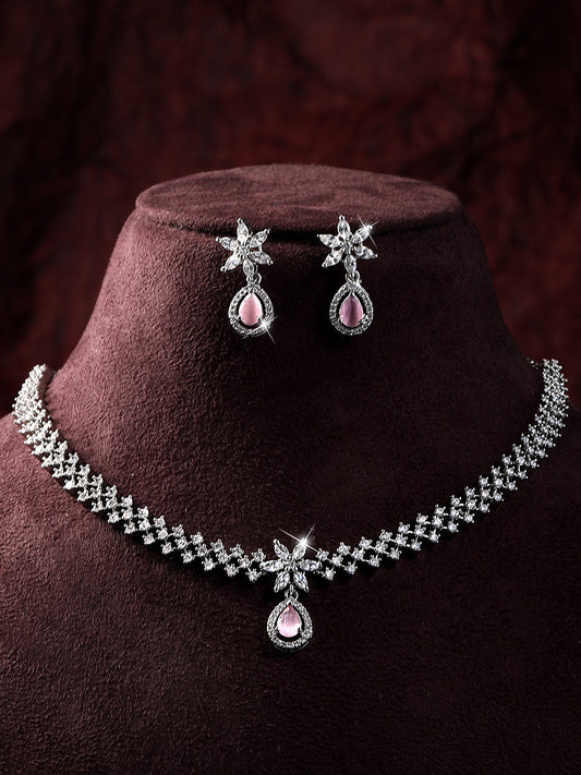 Pink & White Radiance: Rhodium-Plated Choker & Earring Set