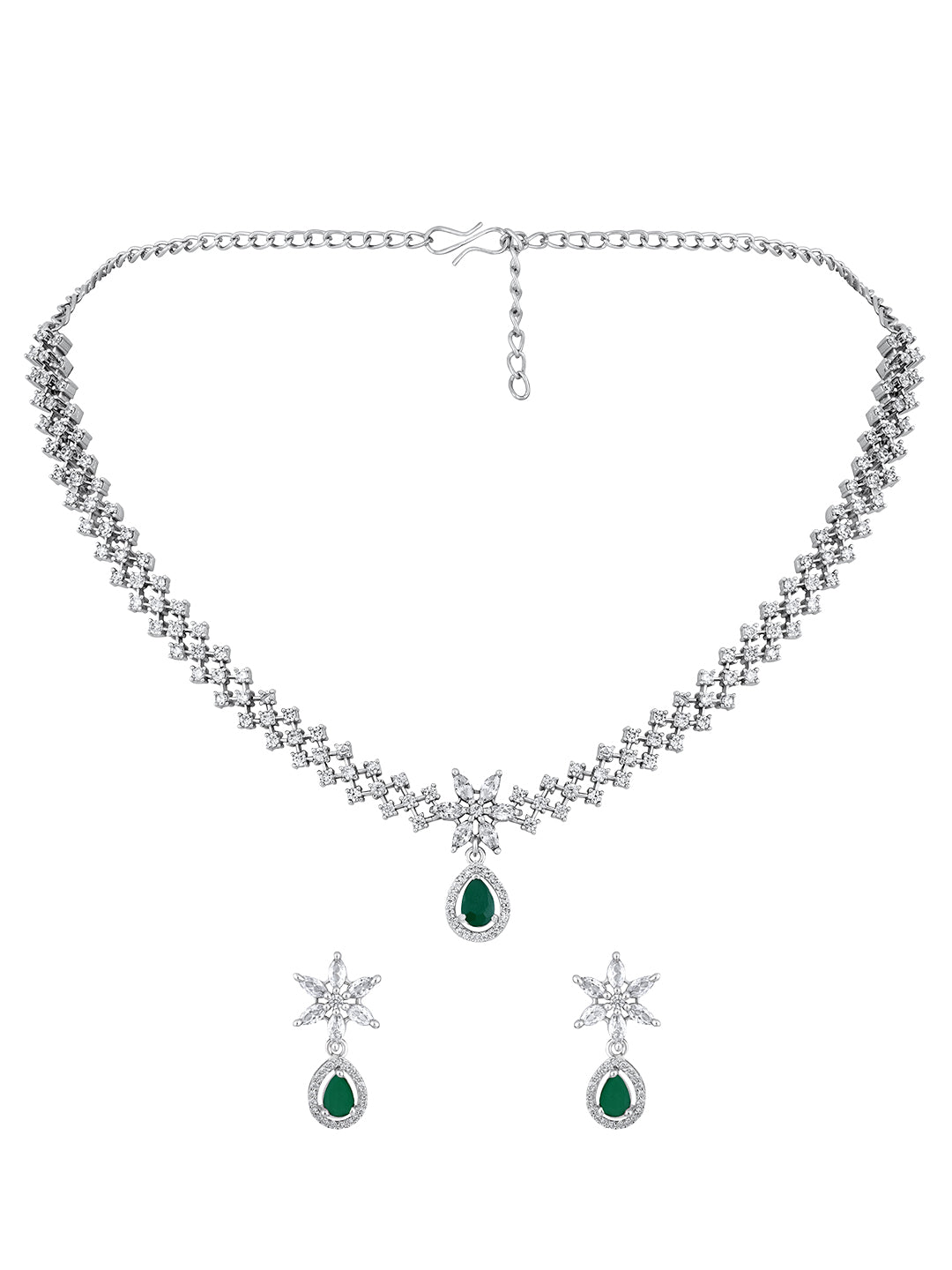 Rhodium- Plated Cz American Diamond Necklace Set With Drop Earring