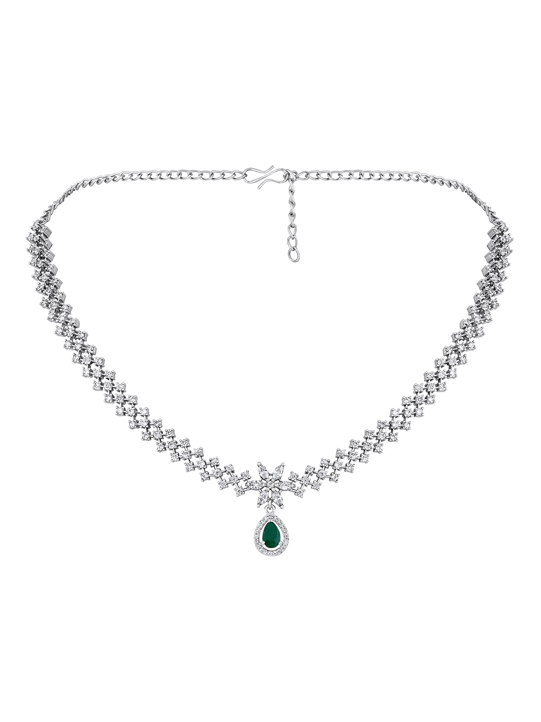 Rhodium- Plated Cz American Diamond Necklace Set With Drop Earring