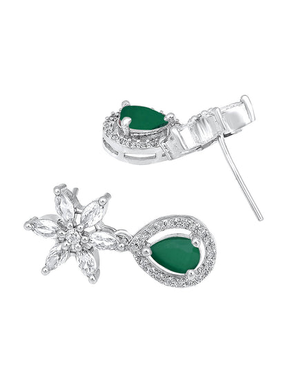 Rhodium- Plated Cz American Diamond Necklace Set With Drop Earring