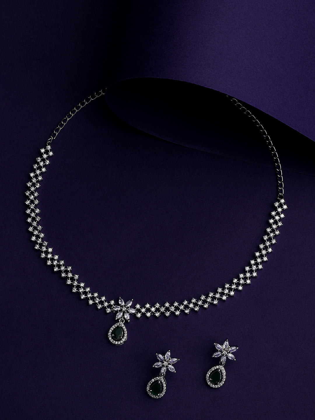 Rhodium- Plated Cz American Diamond Necklace Set With Drop Earring