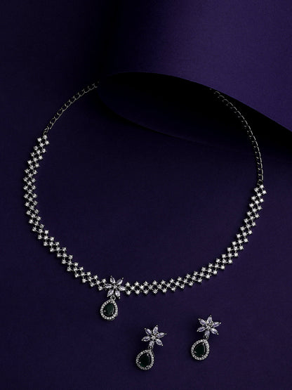 Rhodium- Plated Cz American Diamond Necklace Set With Drop Earring