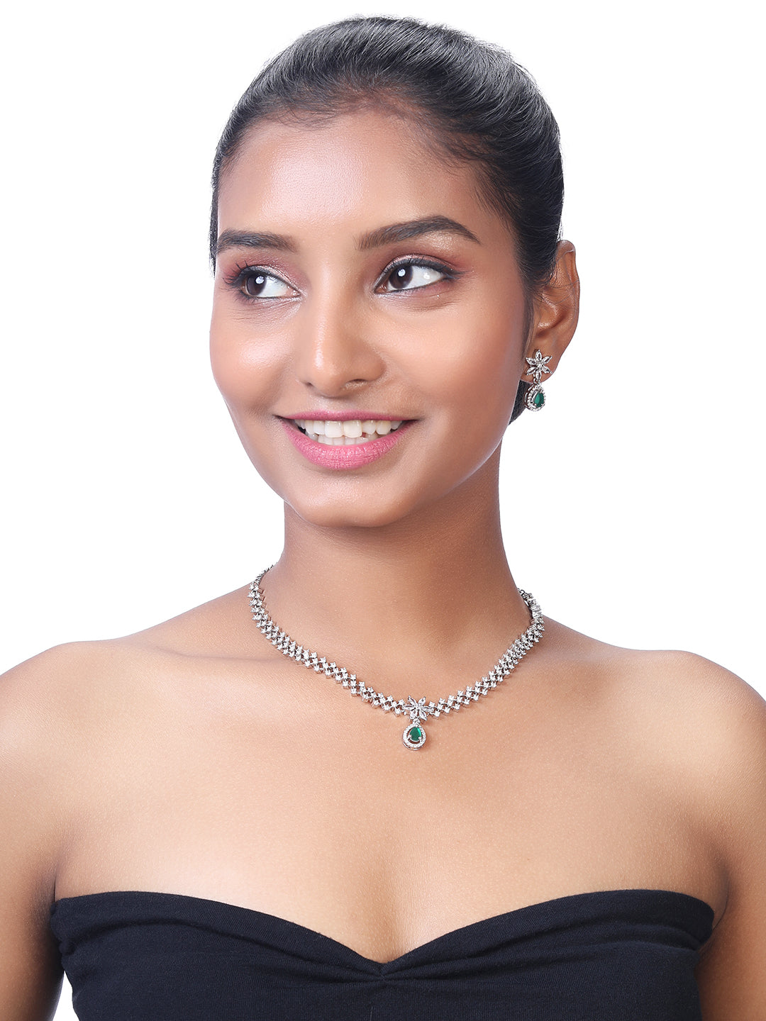 Rhodium- Plated Cz American Diamond Necklace Set With Drop Earring