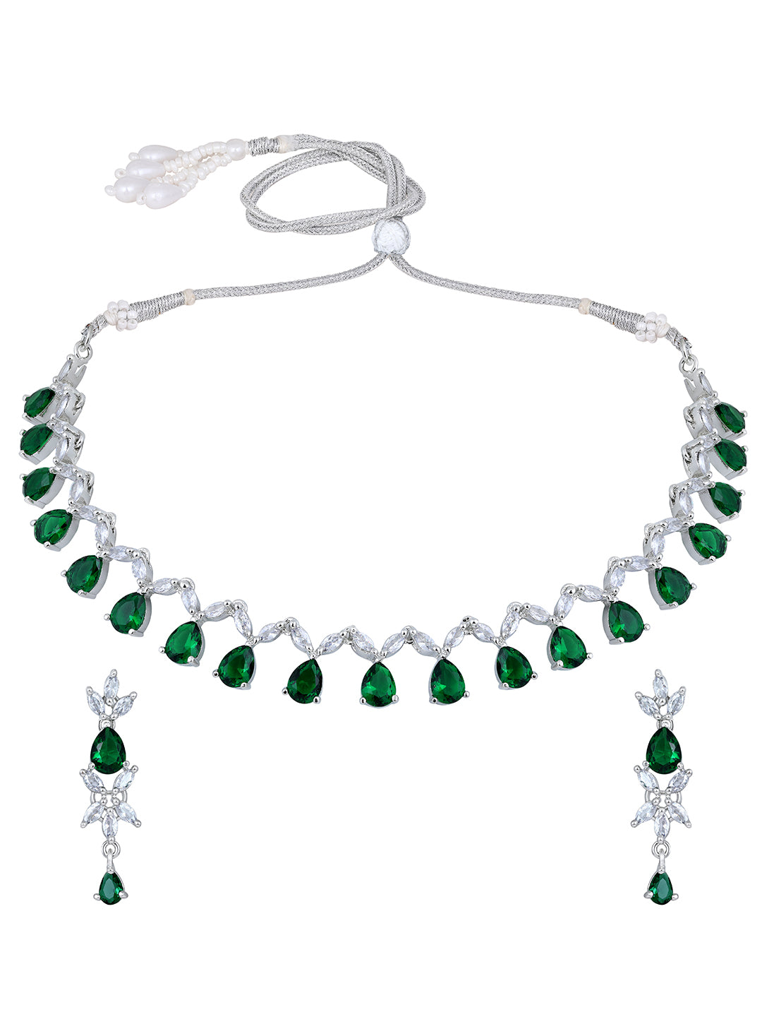 Emerald Elegance: Rhodium-Plated Choker & Earring Set