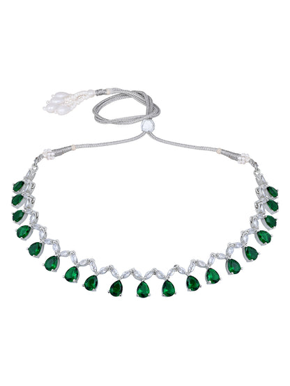 Emerald Elegance: Rhodium-Plated Choker & Earring Set