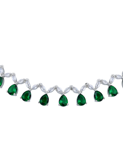 Emerald Elegance: Rhodium-Plated Choker & Earring Set