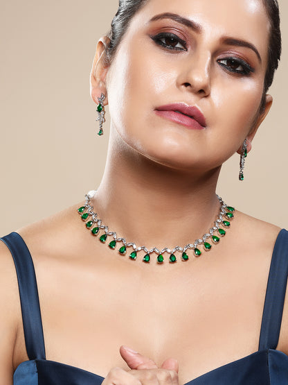 Emerald Elegance: Rhodium-Plated Choker & Earring Set