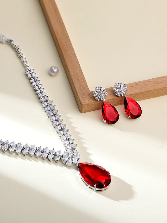 Rhodium Plated Ruby & White CZ Jewelry Set