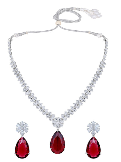 Rhodium Plated Ruby & White CZ Jewelry Set