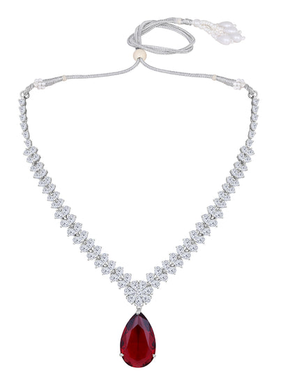 Rhodium Plated Ruby & White CZ Jewelry Set