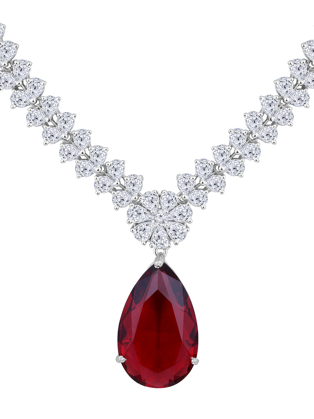 Rhodium Plated Ruby & White CZ Jewelry Set