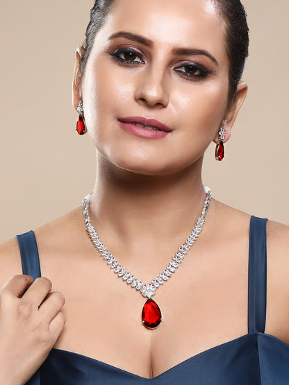 Rhodium Plated Ruby & White CZ Jewelry Set