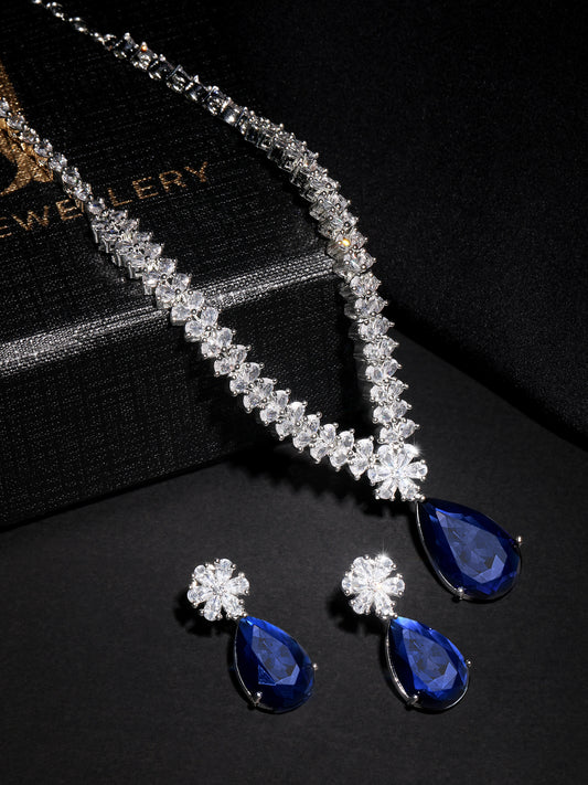 Rhodium-Plated Cz American Diamond Necklace Set With Drop Earring