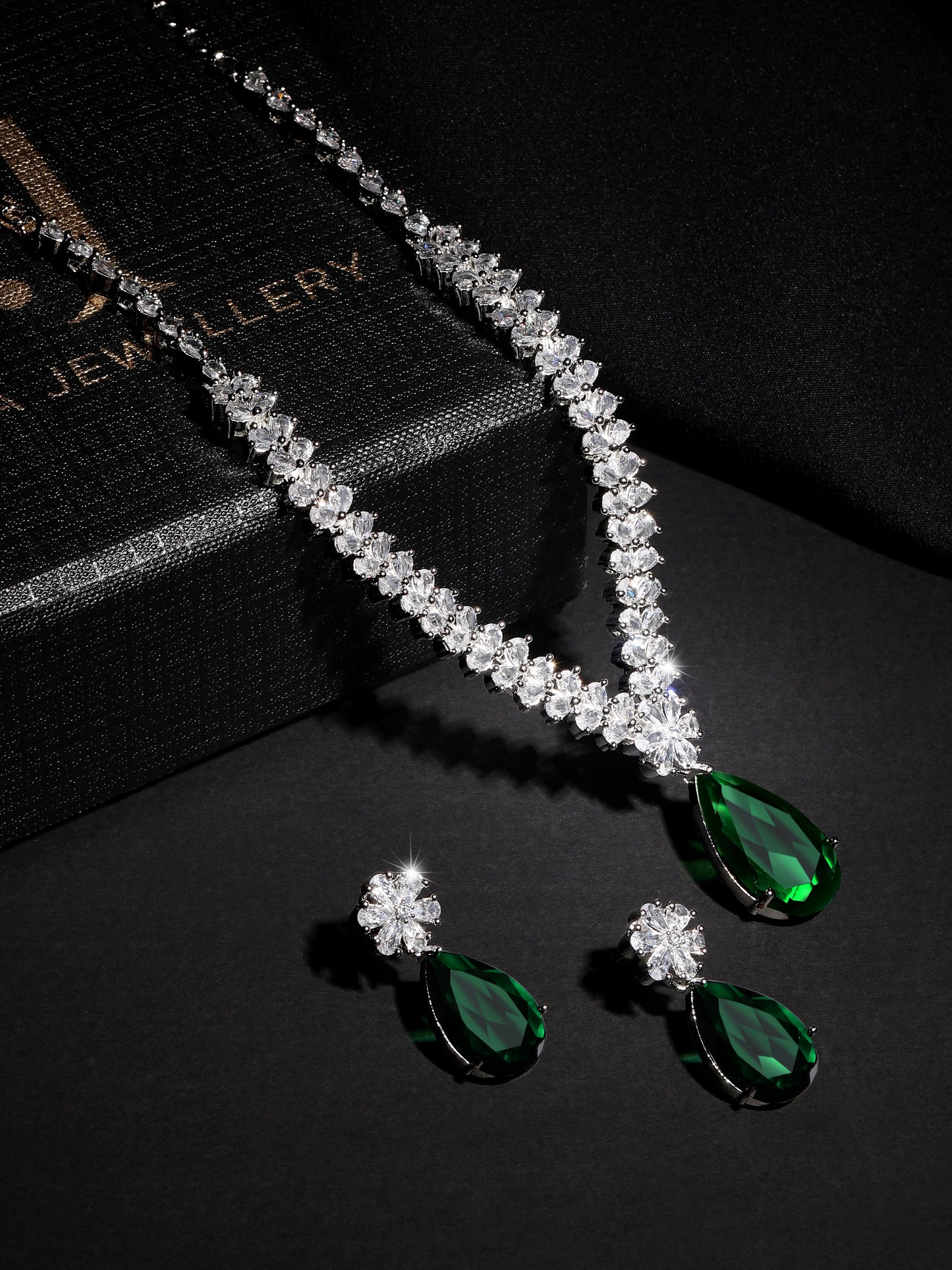 Rhodium-Plated Cz American Diamond Necklace Set With Drop Earring