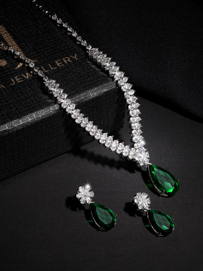 Rhodium-Plated Cz American Diamond Necklace Set With Drop Earring