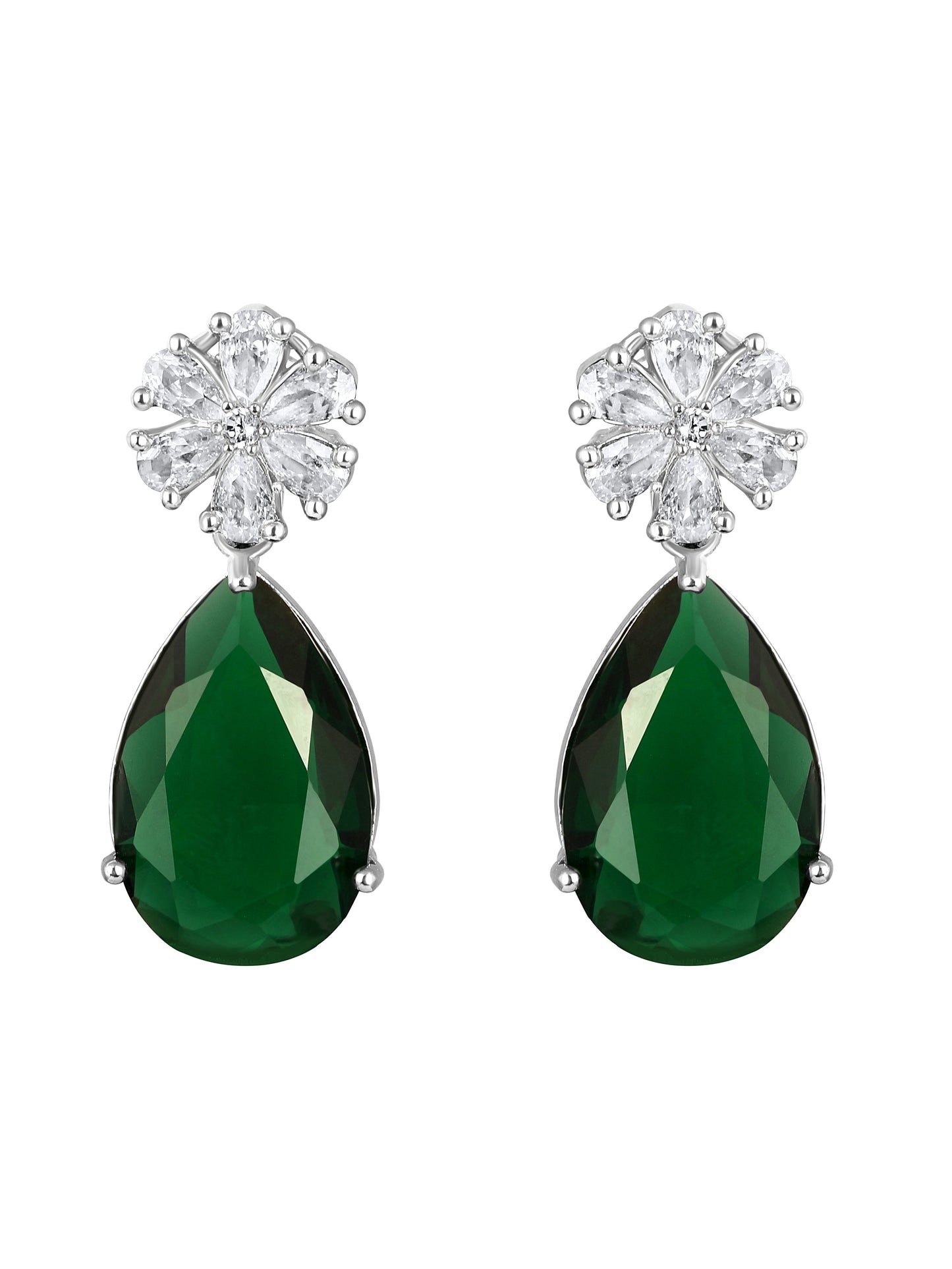 Rhodium-Plated Cz American Diamond Necklace Set With Drop Earring